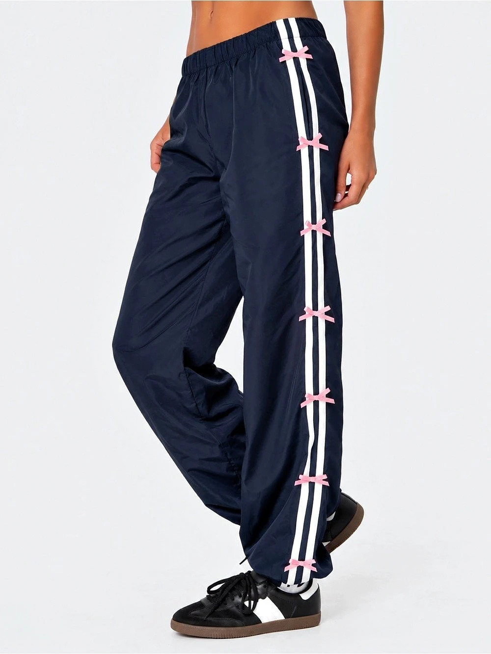 Edikted Bow Stripe Nylon Track Pants Navy Pink Bows XS